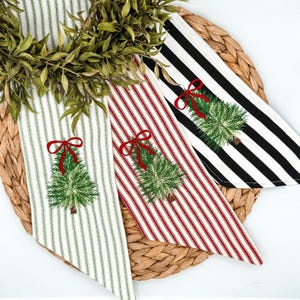 Personalized Christmas Tree Wreath Sash, Red Ticking Stripe Front Door Bow, Embroidered Holiday Decor Black & White Stripe