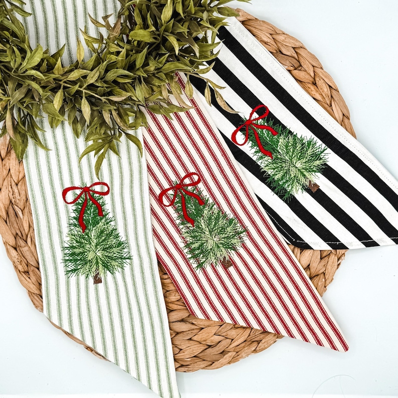 Personalized Christmas Tree Wreath Sash, Red Ticking Stripe Front Door Bow, Embroidered Holiday Decor Black & White Stripe