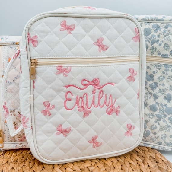 Embroidered Bible Cover, Personalized Quilted Floral, Patchwork & Bow Design Book Bag, Monogrammed Bible Case, Sleeve for Bible