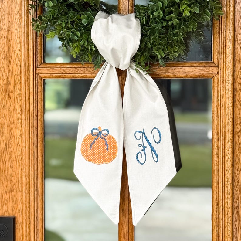 Preppy Fall Monogram Wreath Sash for Front Door, Polka Dot Applique Pumpkin Door Bow, Halloween Wreath Tie, Thanksgiving Embroidered Bow