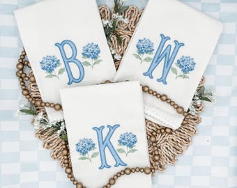 Personalized Embroidered Hydrangea Kitchen Towel | Custom Monogram Dish Towel | Blue Floral Tea Towel | Cotton Hand Towel | Housewarming Gif