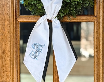 Personalized Wreath Sash | Monogram Door Bow | Embroidered Initial Wreath Ribbon | Custom Colors | Everyday Front Door Decor