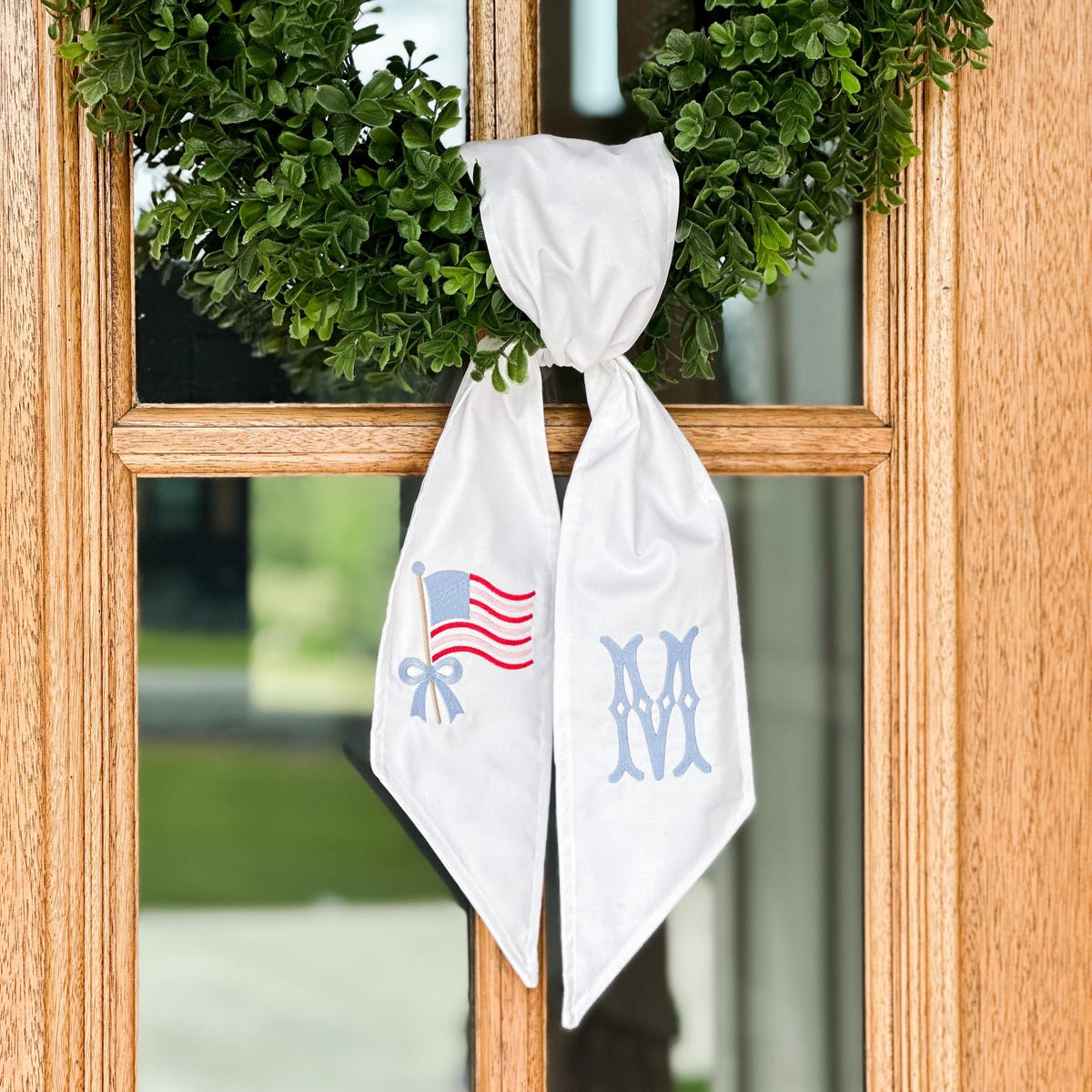 Embroidered Patriotic Wreath Sash, White Coquette Wreath Sash, Preppy Monogrammed Door Bow for 4th of July, Pink, Red, White and Blue Flag - Etsy