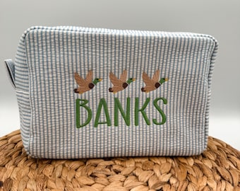 Mallard Duck Seersucker Boys Toiletry Bag, Embroidered Hunting Customized Name, Wildlife Personalized Monogram Travel Bag, Great Gift Idea
