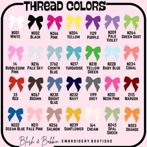 May include: A color chart of thread colors, featuring a variety of bow illustrations. Each bow is a different color, with names like "Pink," "Yellow," and "Navy." The chart includes a range of shades, from light pastels to vibrant hues, with corresponding color codes.