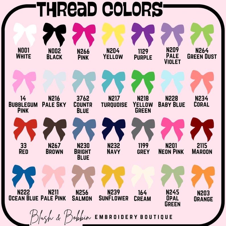 May include: A color chart of thread colors, featuring a variety of bow illustrations. Each bow is a different color, with names like "Pink," "Yellow," and "Navy." The chart includes a range of shades, from light pastels to vibrant hues, with corresponding color codes.
