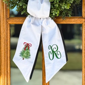 Personalized Christmas Tree Wreath Sash, Red Ticking Stripe Front Door Bow, Embroidered Holiday Decor White Straight Edge