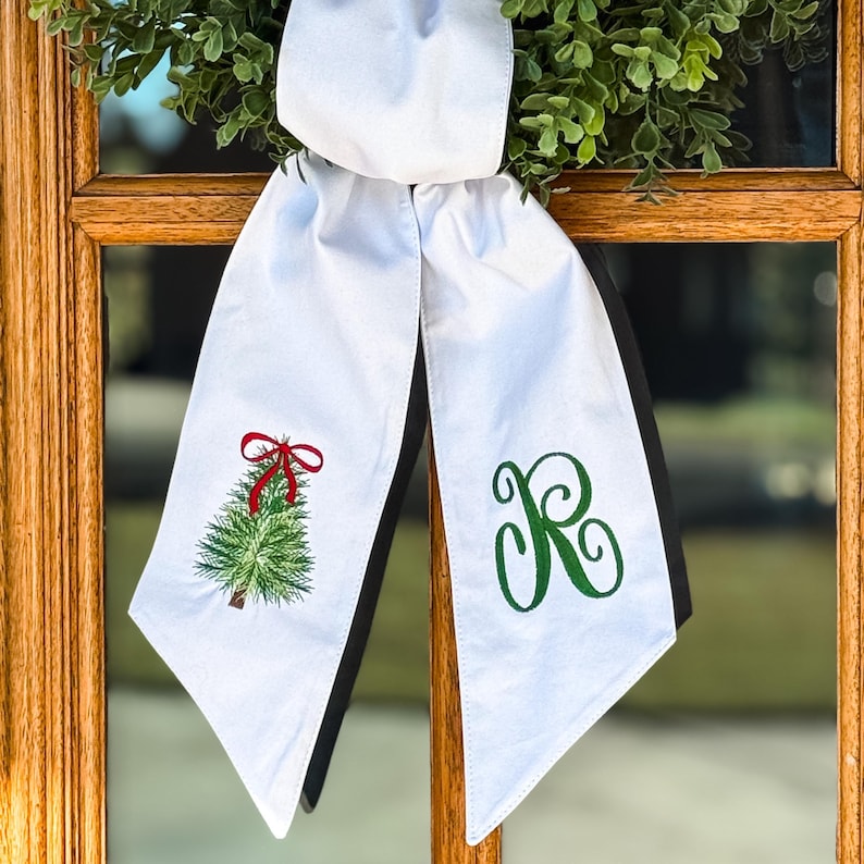 Personalized Christmas Tree Wreath Sash, Red Ticking Stripe Front Door Bow, Embroidered Holiday Decor White Straight Edge