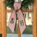 Personalized Christmas Tree Wreath Sash, Red Ticking Stripe Front Door Bow, Embroidered Holiday Decor