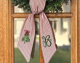 Personalized Christmas Tree Wreath Sash, Red Ticking Stripe Front Door Bow, Embroidered Holiday Decor