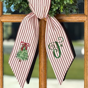 Personalized Christmas Tree Wreath Sash, Red Ticking Stripe Front Door Bow, Embroidered Holiday Decor image 6