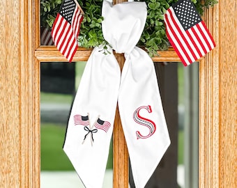 Embroidered Patriotic Flag Wreath Sash, White, Blue Gingham, Monogrammed Door Bow for 4th of July or Memorial Day