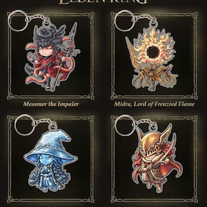 May include: Four different Elden Ring character keychains. Each keychain features a different character from the game, including Messmer the Impaler, Midra, Lord of Frenzied Flame, Ranni the Witch, and Malenia, Blade of Miquella. The keychains are made of metal and have a detailed design.