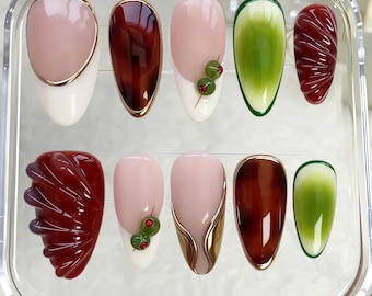 Martini Girl Press On Nails | Green Olive Nails | Tortoise Shell Nails | Gold Chrome French | Simple Short Almond Nails | Aura Birthday Nail