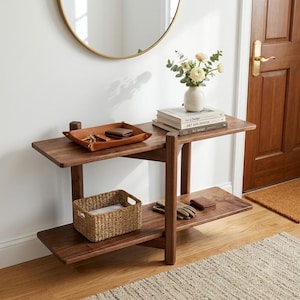 Walnut Console Table, Narrow Entryway Table with Shelf, Minimalist Japandi Hallway Table, 2 Tier Wooden Sofa Table, Small Accent Table