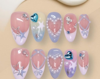 Y2K Coquette Press-On Nails Short n Sweet Tour Inspired, Pink & Periwinkle Heart Star Charm Set, Sabrina Carpenter Aesthetic