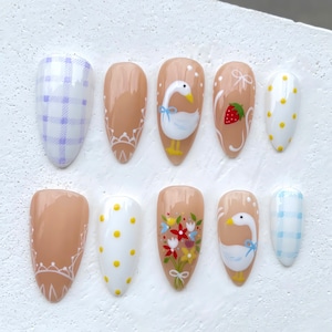 Cute Goose Press On Nails | Cottagecore Farm Nail Art | Spring Floral Acrylic Fake Nails | Strawberry Gingham Polka Dot Design Set