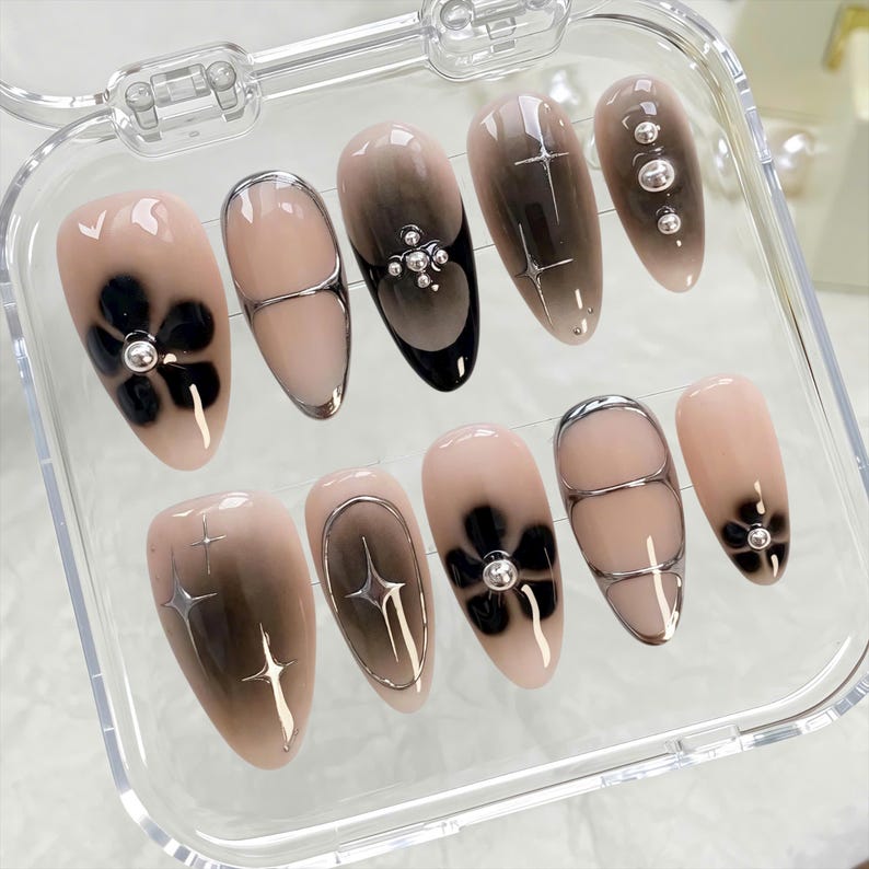 Edgy dark ombre press on nails, 3D silver chrome studs, coffin shape. Unique emo gothic style for special occasions