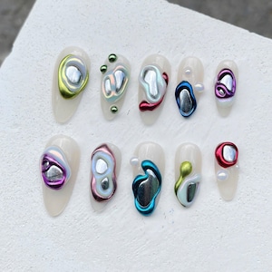 Abstract Metallic 3D Nail Art Set - Unique Handmade Colorful Chrome Designs with Pearls, Swirls & Gems for Trendy Statement Manicure Clip