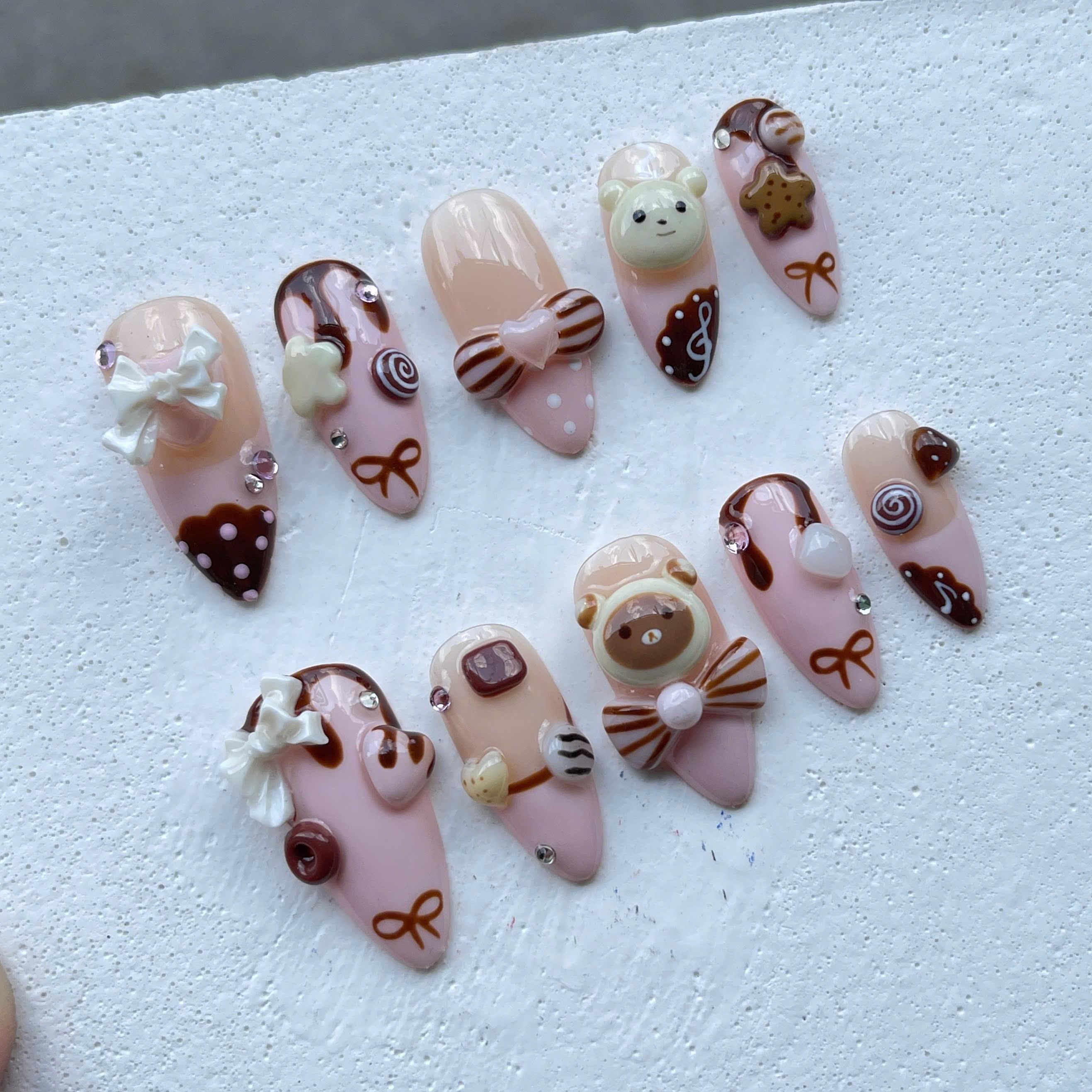 かわいいデザートプレスオンネイル 3Dスイーツとクマのデザインと