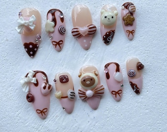 Cute Dessert Press On Nails  3D Sweets And Bear Designs with Bow Fake Nails  3D Chocolate, Candy Acrylic Nails  Kawaii Nails