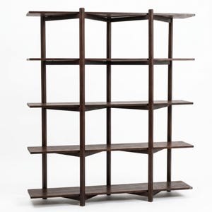 May include: A dark brown wooden shelving unit featuring five horizontal tiers supported by vertical posts. The structure has a geometric design with intersecting wooden elements that create a series of open compartments across the five levels.