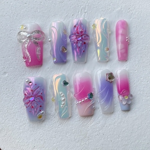 Whimsical Fairy Garden Press On Nails  Dreamy Pastel Fantasy Fake Nails Magical Iridescent Acrylic Nails  Delicate Floral Nails