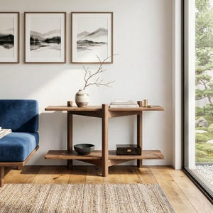 May include: A wooden console table with two horizontal shelves and a central vertical support structure. The table features a natural wood grain finish, a ceramic vase with a bare branch, a stack of books, and a small dark box on the shelves.