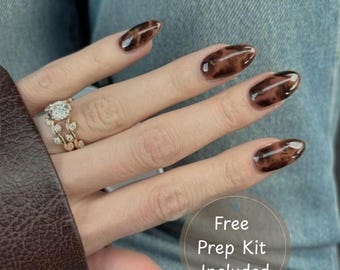 Handmade Tortoiseshell Press On Nails | Brown Amber Jelly Fake Nails | Fall Autumn Almond Nails | Glossy Animal Print | Luxury False Nails