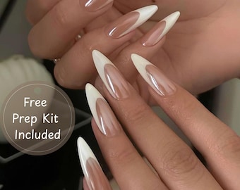 Pearlescent Chrome French Tip Press On Nails | Long Almond Glazed Donut Fake Nails | White V-Shape Glue On Nails | Elegant Luxury Manicure
