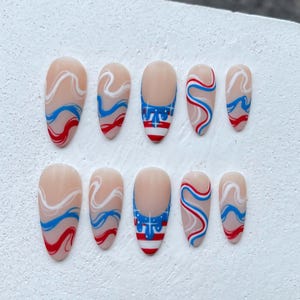 4th of July Nails Red White Blue Swirl Press On Nails Patriotic Stars and Stripes Design for Independence Day Manicure