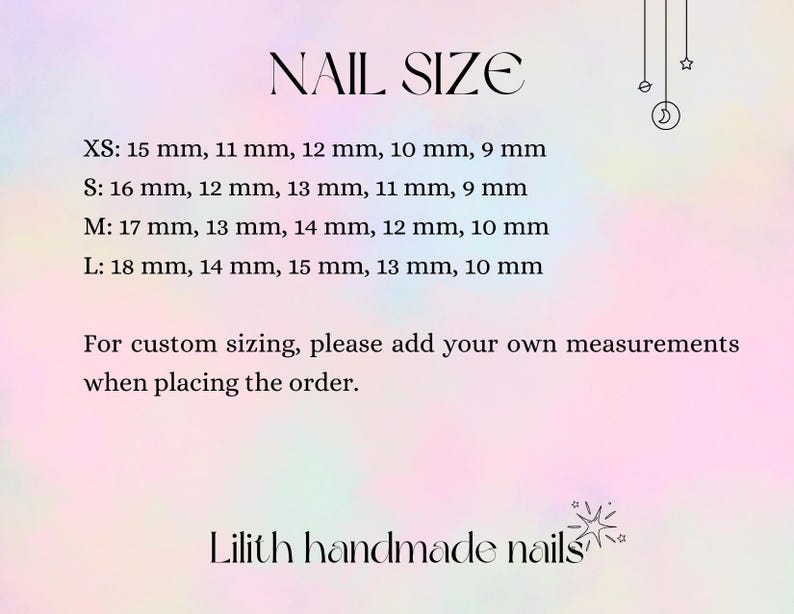 May include: A pastel-colored image with text detailing nail sizes in millimeters: XS, S, M, and L, with corresponding measurements. The text also instructs customers to provide custom measurements. The brand name "Lilith handmade nails" is at the bottom.