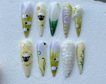 Uñas postizas de oveja con diseño de animales en verde pastel, personalizadas, pintadas a mano, diseño de uñas de gel 3D, acuarela.