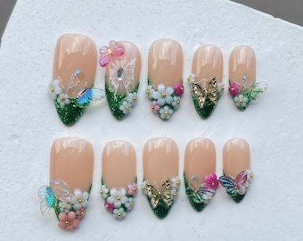 Luxury Green Butterfly Floral Press On Nails | 3D Garden Nails with Crystal Butterflies & Flowers | Summer Handmade Reusable Nail Art Set