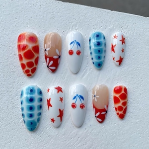 4th of July Press On Nails  Independence Day Nails  Red White Blue Star French Tip  USA Festive Floral Cherry Design