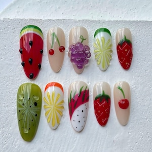 Colorful Fruit Press On Nails  Summer Holiday Fake Nails  Vibrant Fruit Nail Art  Tropical Fruit Press On Nails  Press Ons