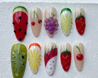 Colorful Fruit Press On Nails  Summer Holiday Fake Nails  Vibrant Fruit Nail Art  Tropical Fruit Press On Nails  Press Ons