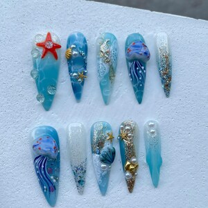Hand-Painted Free-Style Press On Nails  Silver Metallic Crystal Long Stiletto  Custom Chrome Fake Nails  Y2K, Goth, Gothic Nails