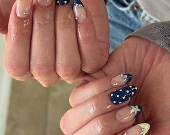 Almond Nail Art Navy Blue Yellow Polka Dot Star Silver Studs French Tip Handmade Press On Nails Cute Elegant Trendy Acrylic Nails Gift