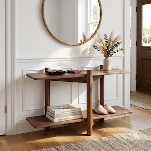 Wood Shelving Unit, Solid Oak Floor Shelf, Minimalist 2-Tier Low Bookshelf for Living Room, Japandi Style Storage Rack