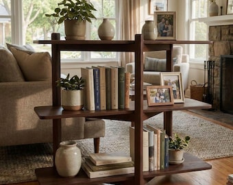 Dark Walnut Finish, 3 Tier Modern Rustic Furniture, Solid Wood Bookshelf