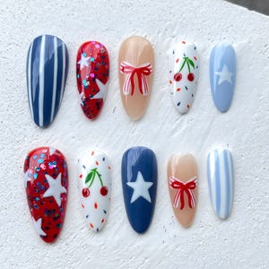 USA Nails Red White Blue Press On Nails 4th of July Nail Art Stars Stripes Glitter Cherry Bow Summer Patriotic Nails