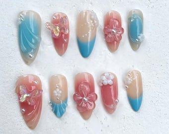 Spring Blossom Press On Nails  Stunning Floral Acrylic  Elegant Floral Nail Charm  Enchanted Garden Nail  Butterfly Whimsy Nails