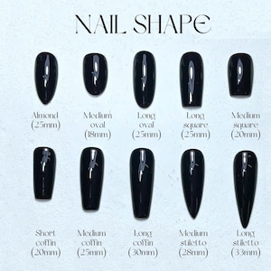 May include: A diagram displaying various black nail shapes, including almond (25mm), medium oval (18mm), long oval (25mm), long square (25mm), medium square (20mm), short coffin (20mm), medium coffin (25mm), long coffin (30mm), medium stiletto (28mm), and long stiletto (33mm).