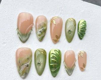 Green Leaf Press On Nails | Botanical Nail Art with Gold Details | Almond Reusable Nails | Nature Inspired Handmade Set
