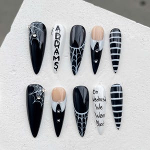 Wednesday Addams Press On Nails | Gothic Spider Web Fake Nails | Black White Striped Halloween Nails | Spooky Costume Nails | Handmade Nail
