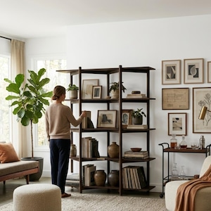 5-stöckiges Bücherregal aus Holz, offenes Bücherregal im Mid-Century-Modern-Stil, Ausstellungsregal aus Walnussholz, Raumteiler aus Massivholz
