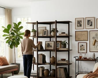 5-stöckiges Bücherregal aus Holz, offenes Bücherregal im Mid-Century-Modern-Stil, Ausstellungsregal aus Walnussholz, Raumteiler aus Massivholz L5959ZZ