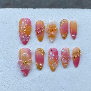 Luxury Floral Hand Painted Press On Nails  Tropical Flower Fake nails Floral Fantasy Nail Art  Boho Chic Style Acrylic Nails