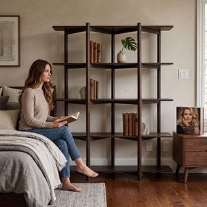 Puede incluir: Una estantería alta de madera de color marrón oscuro con un diseño geométrico de marco abierto y cinco estantes horizontales. La unidad está construida con soportes verticales que cruzan los estantes, creando múltiples secciones de almacenamiento.